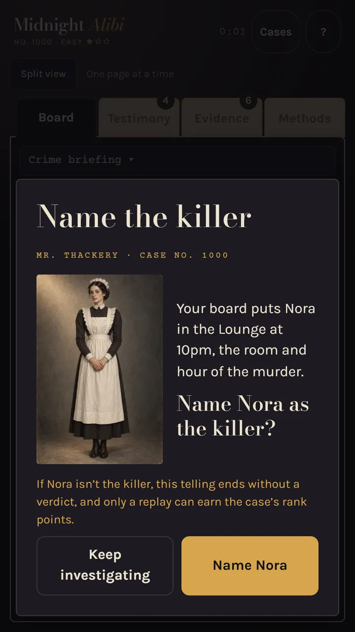 The accusation: the suspect your board places at the scene, and the question before you name them