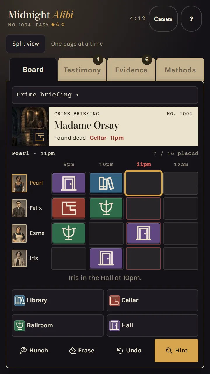 The Board: place room symbols in the suspect timeline to reconstruct the crime