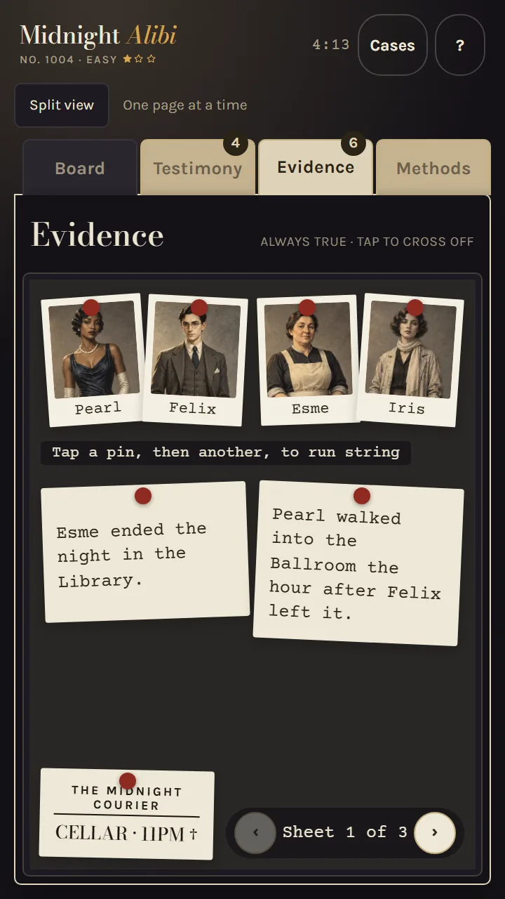 The Evidence corkboard: pinned notes with red string