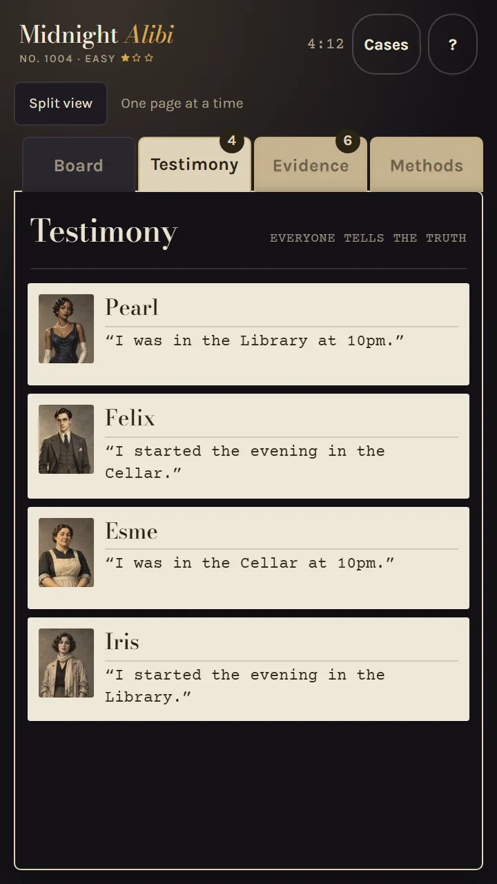 The Testimony tab: compare the suspects’ statements