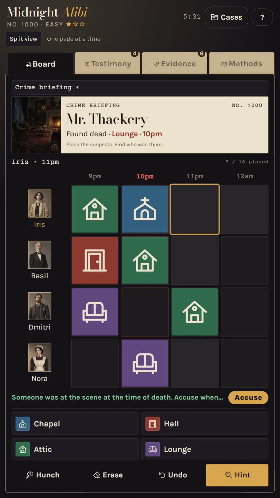 The Board on a 7-inch tablet: a wide suspect timeline with room symbols